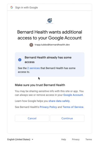 Access screen to approve Google Workspace to integrate into BerniePortal