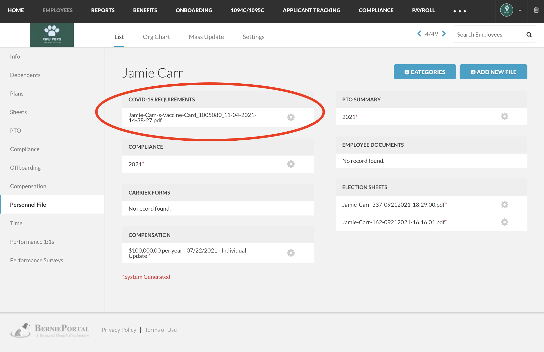 Employee's vaccine card uploaded in BerniePortal's personnel file