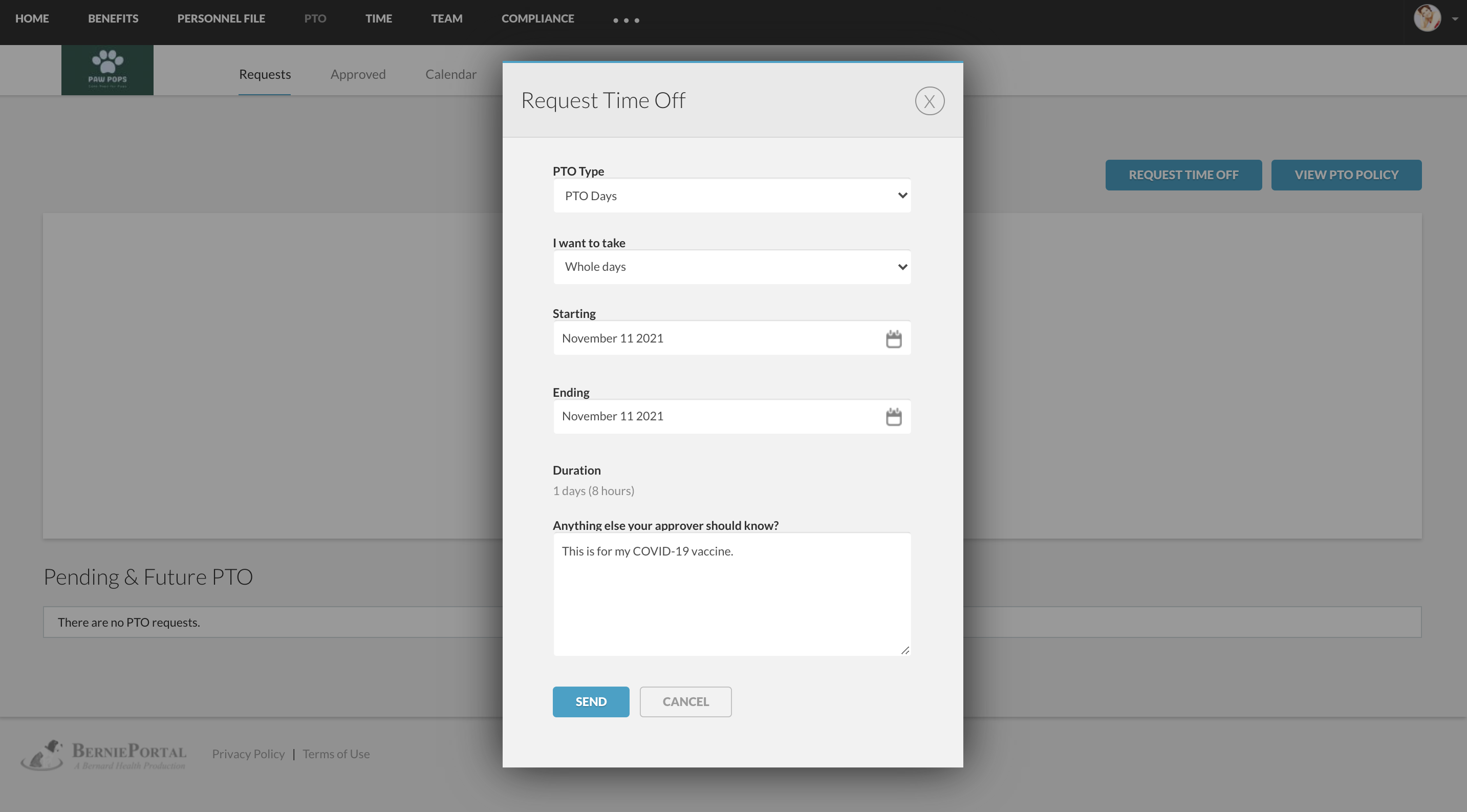 Employee requesting time off in BerniePortal to get their vaccine